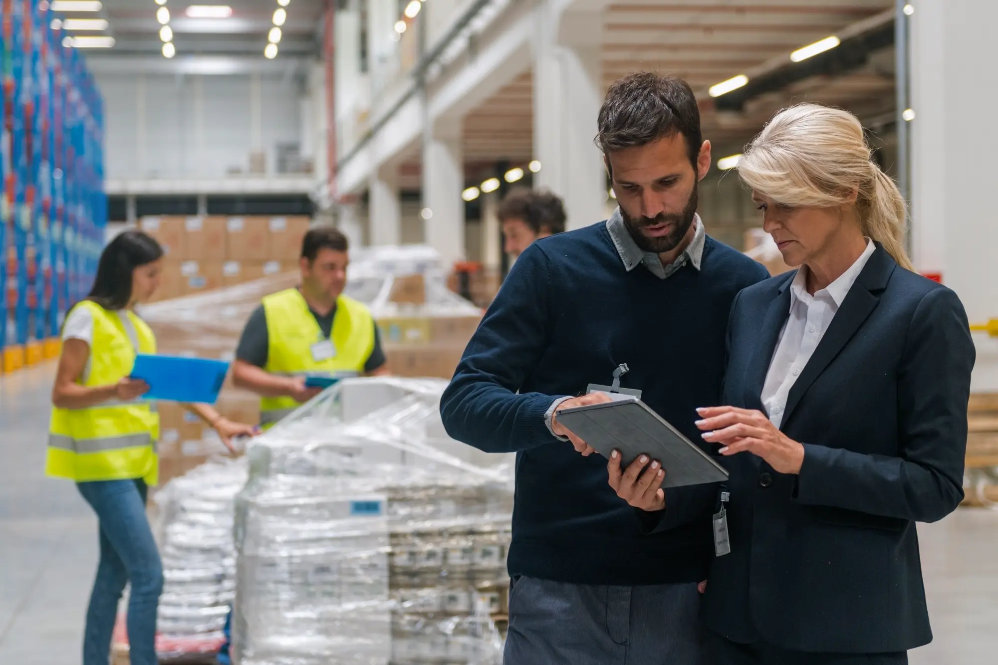 Man and woman managers reviewing tablet in a warehouse with pallet workers in background.