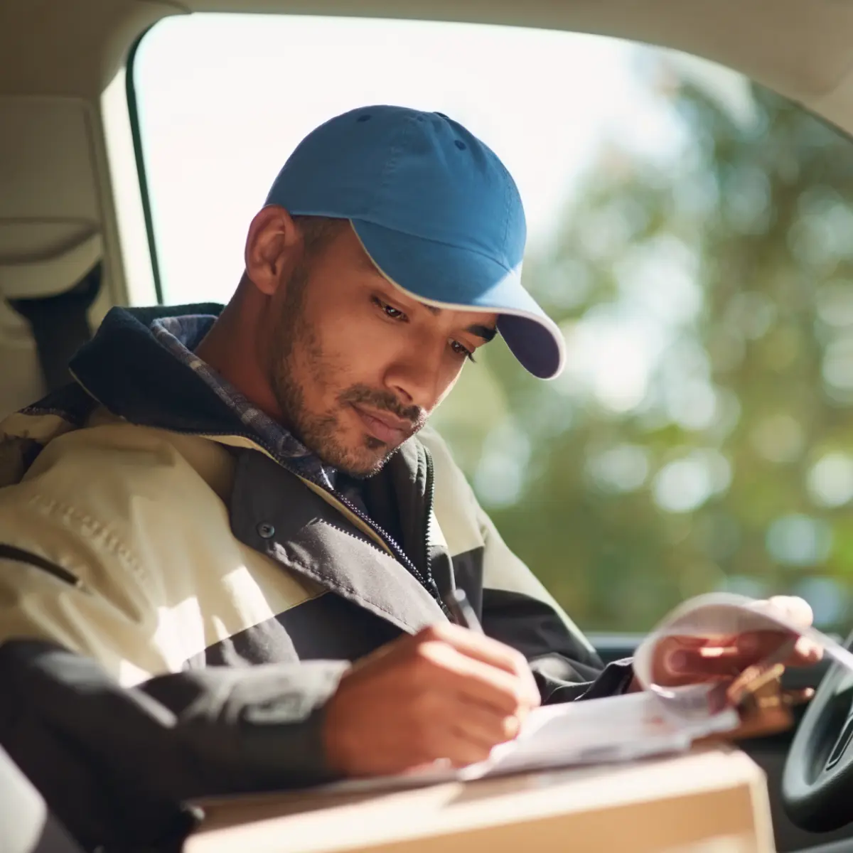 Delivery driver writing on a clipboard on top of a box.