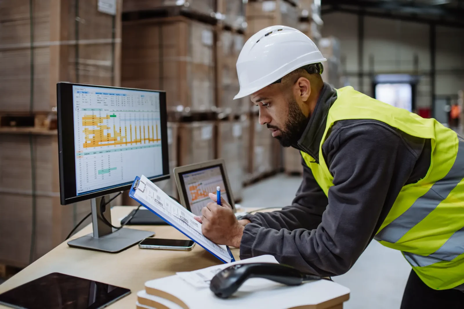 Man in hard hat and bright vest working on planning in a warehouse.