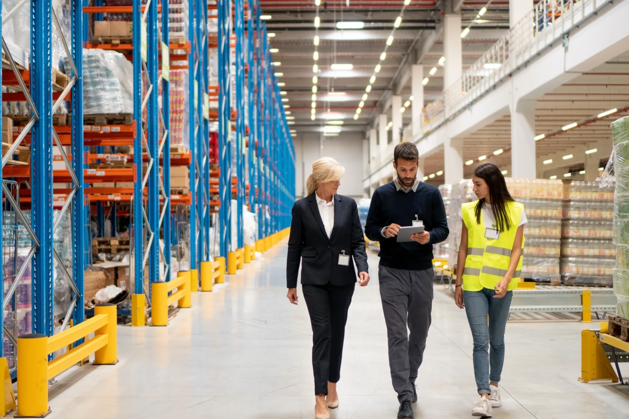 A team of three warehouse employees walking inside of a warehouse.