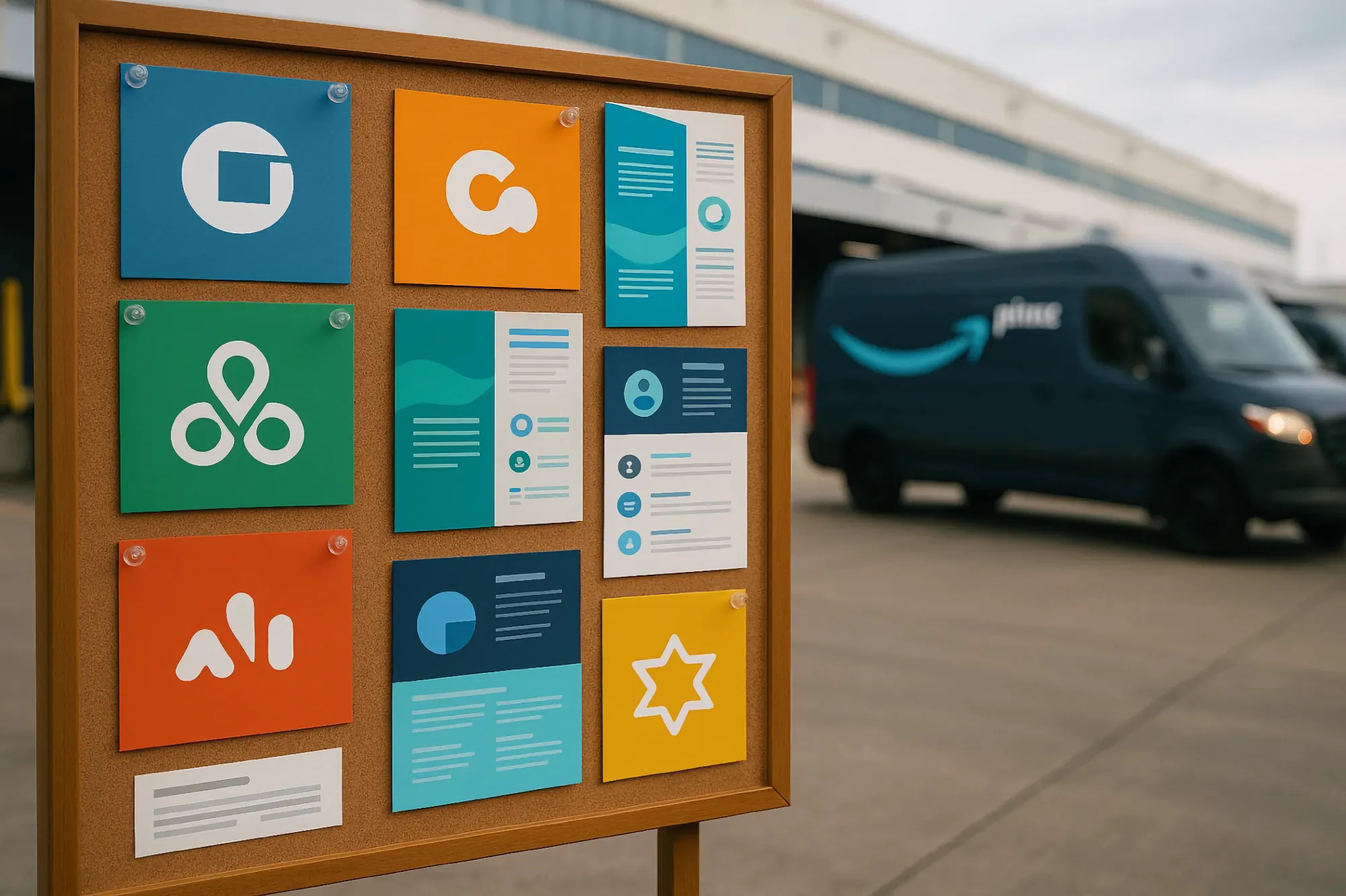 A cork bulletin board holds nine colorful flyers with different logos and data displays. In the blurred background is an Amazon Prime delivery van parked outside a warehouse.