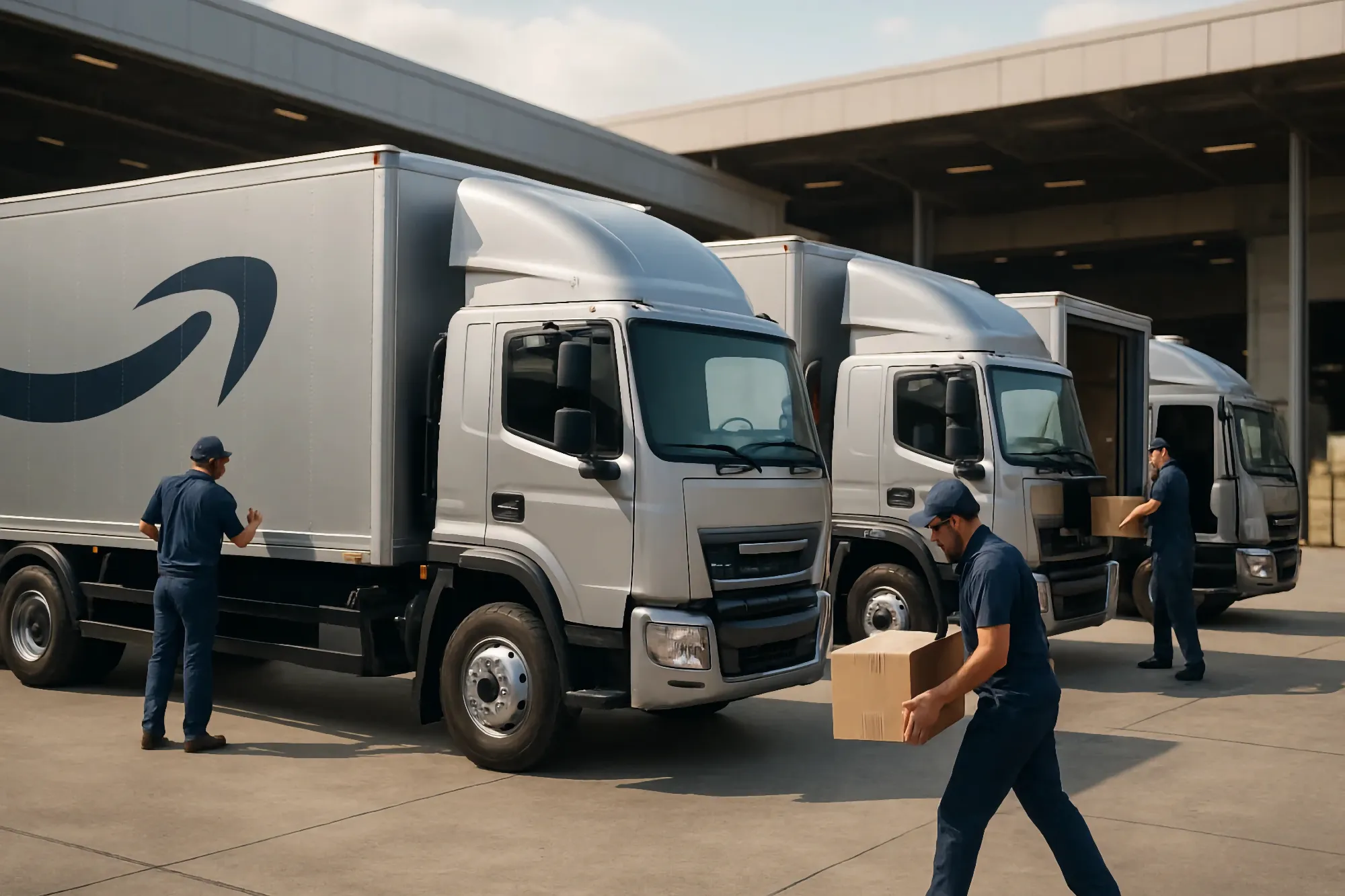 Warehouse workers in dark uniforms are loading cardboard boxes into several large, gray delivery trucks parked at a logistics loading bay.