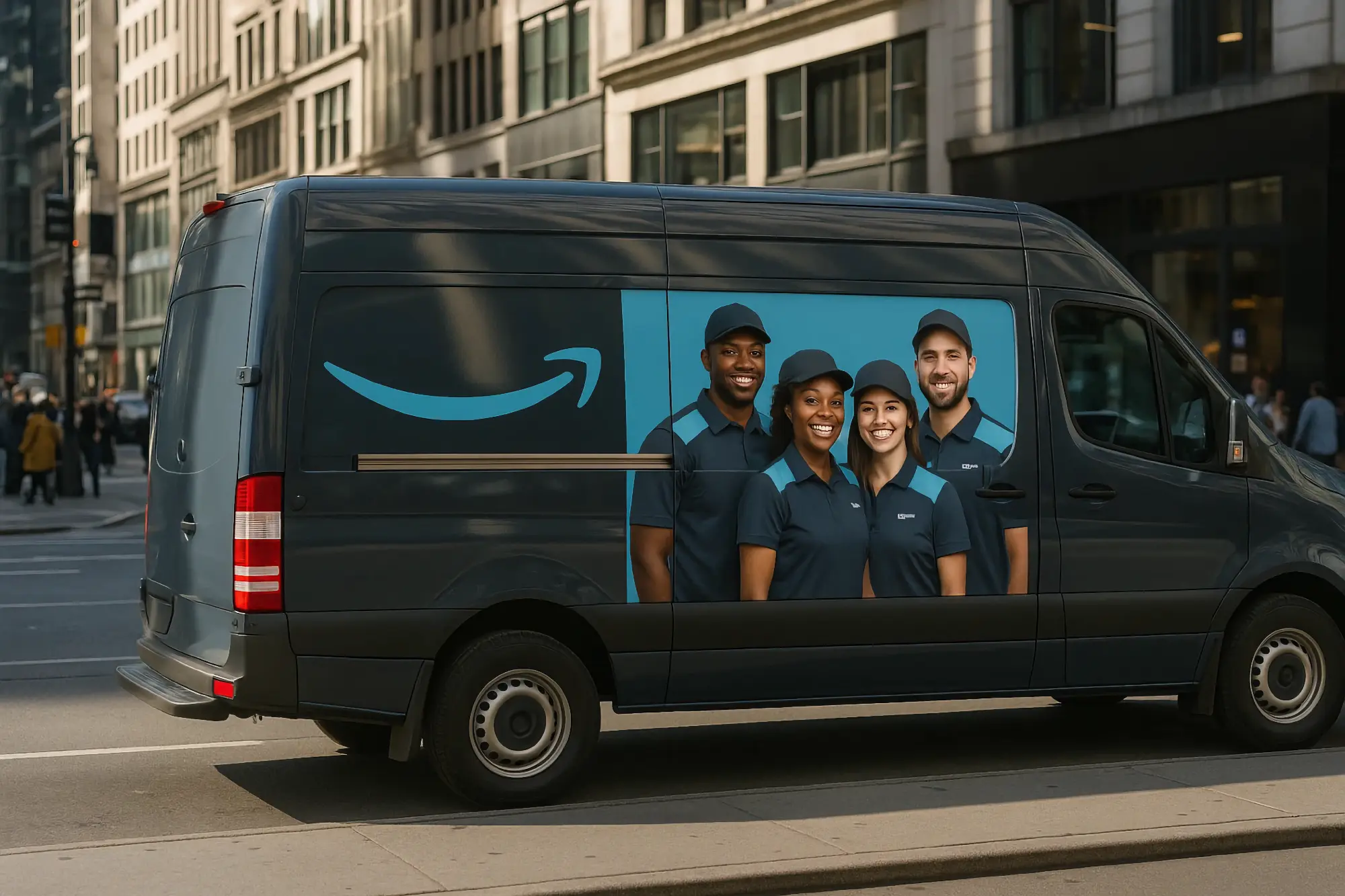A dark Amazon van drives through a city street. A large side decal shows four happy employees in blue shirts and caps smiling directly at the viewer.