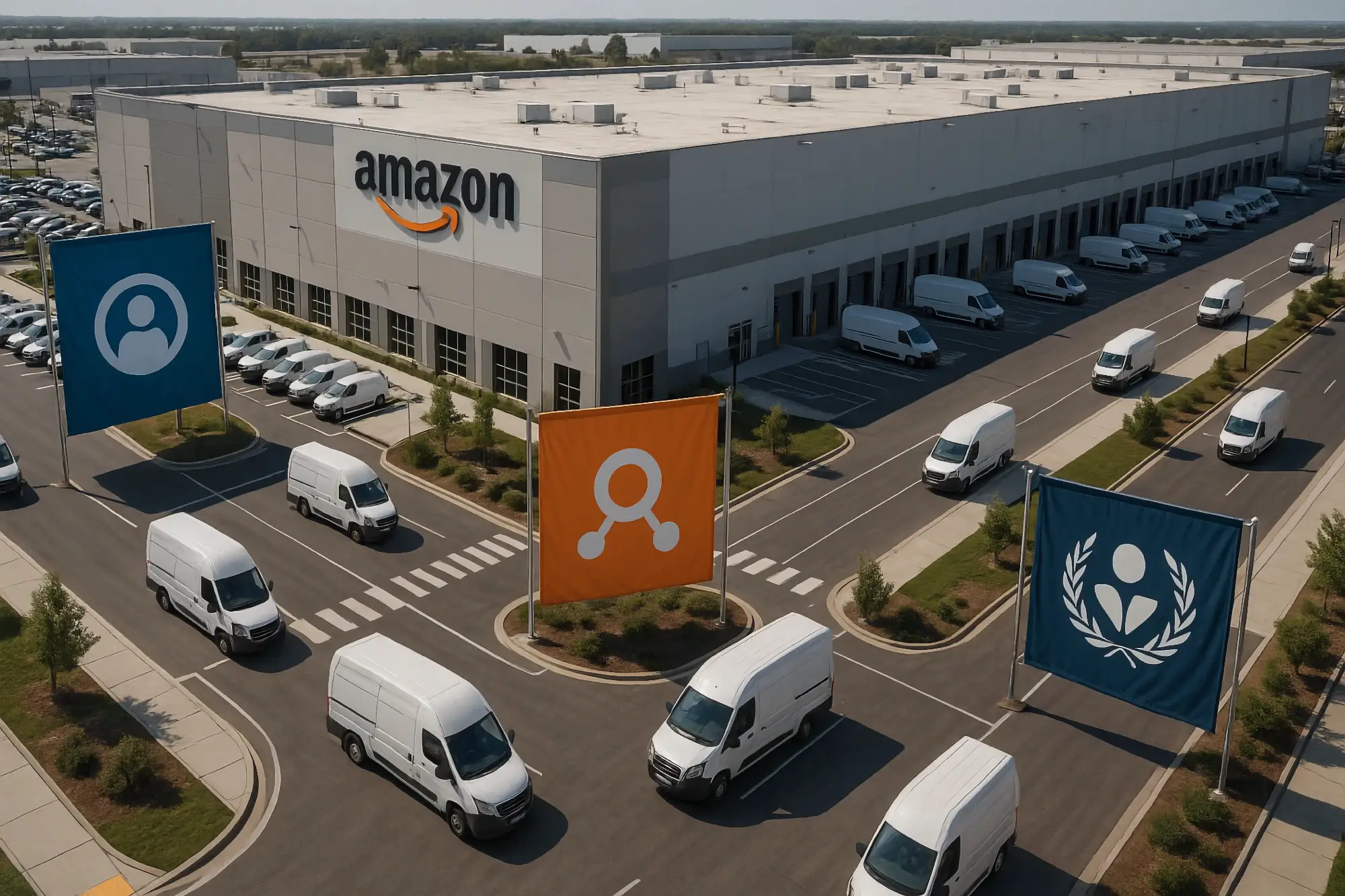 White delivery vans surround a large Amazon distribution center, where three banners display abstract logos: a blue user icon, an orange network symbol, and a dark blue laurel wreath.