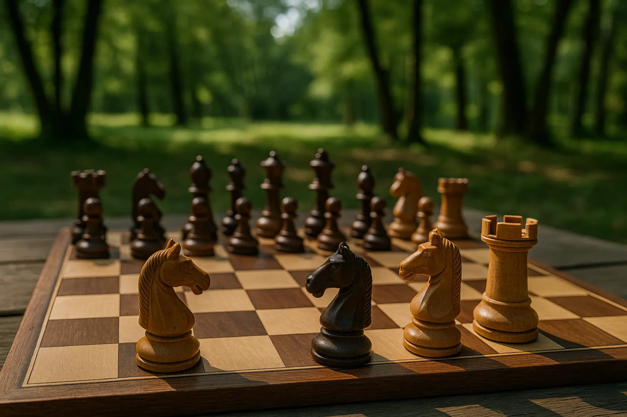 A wooden chessboard, set up with light and dark pieces, rests on a table outside. The game is framed by the bright green, blurred background of a forest.