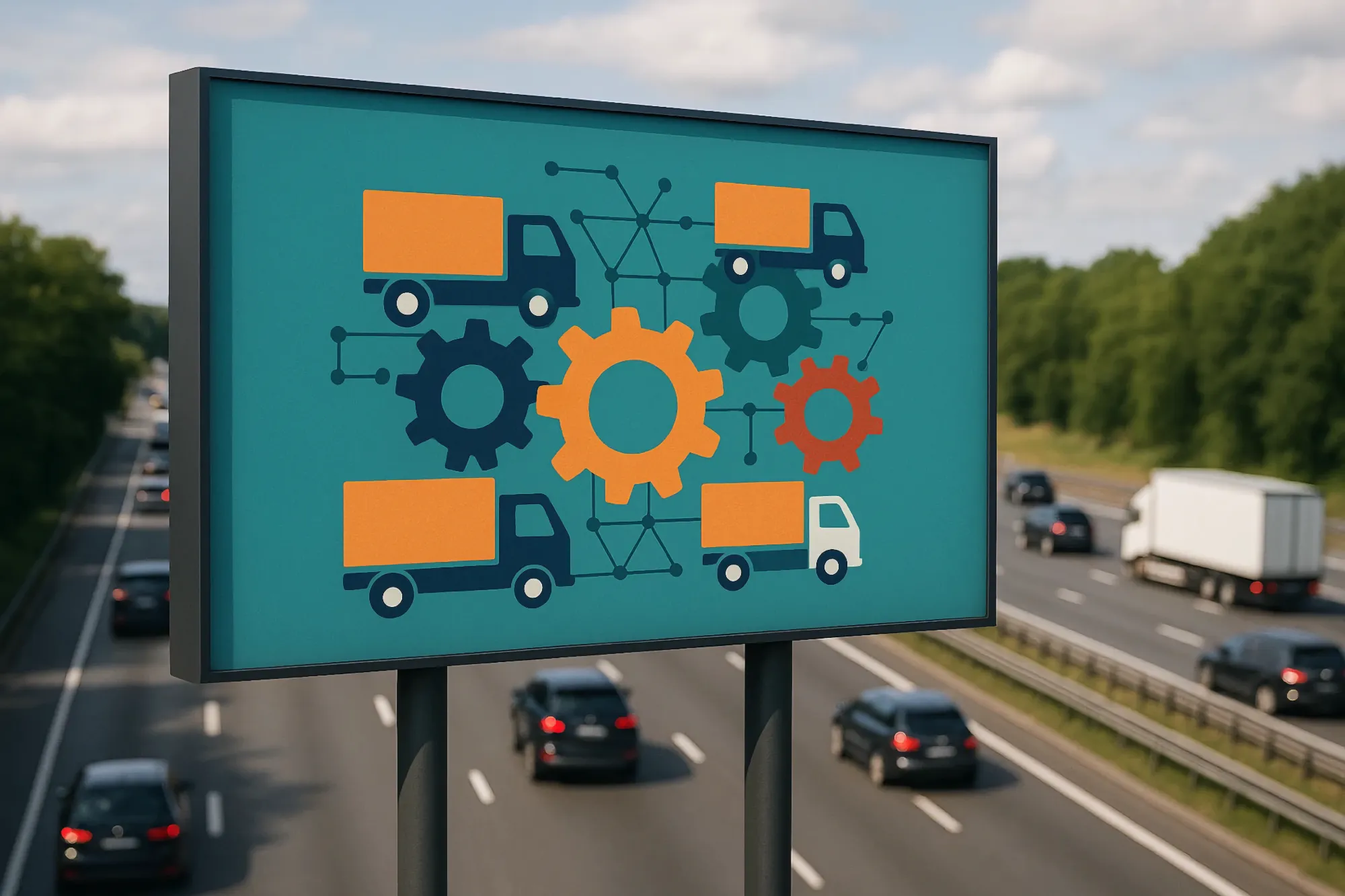 An illustration of four connected delivery trucks and interlocking gears is displayed on a billboard over a busy highway, symbolizing systemized logistics.