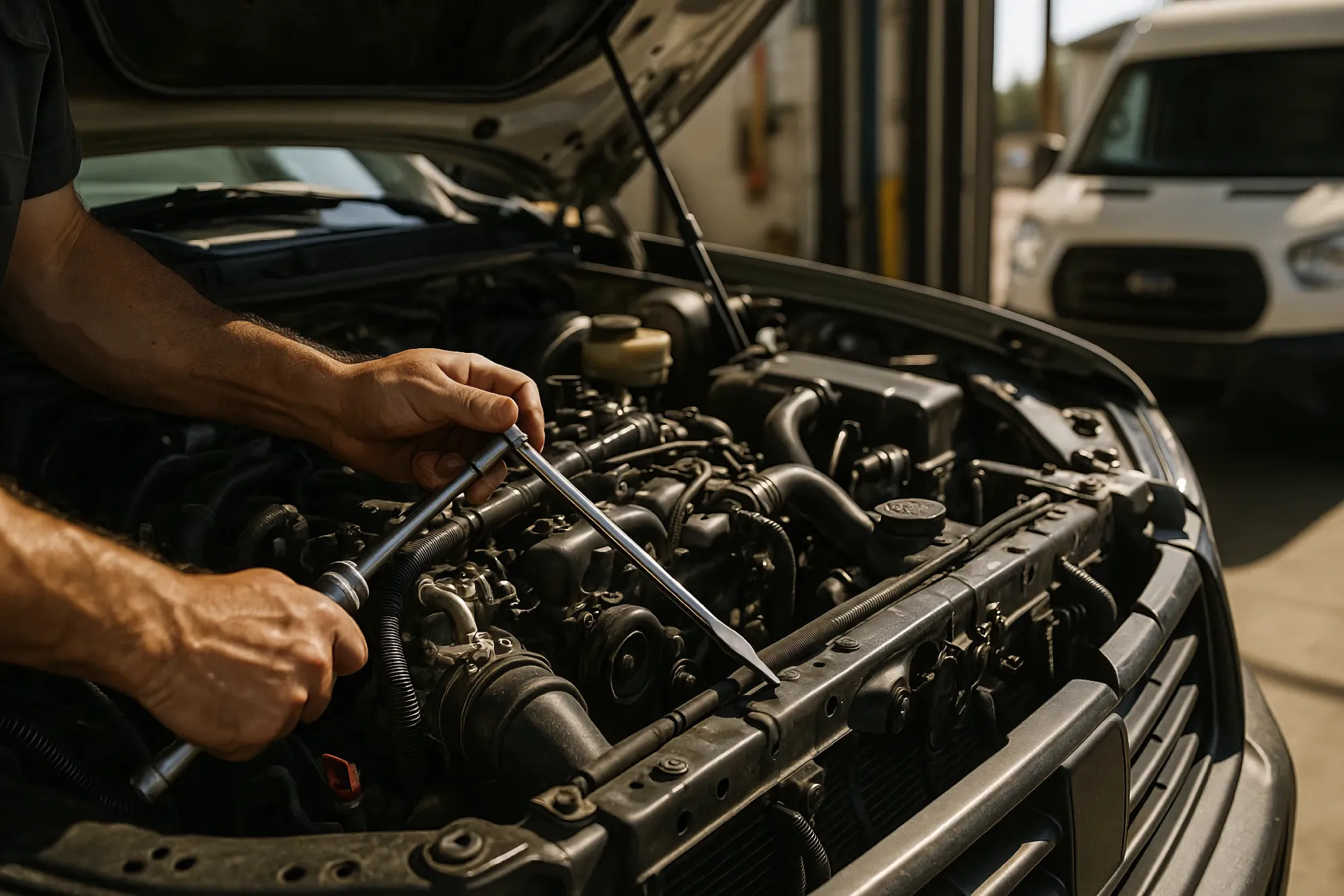 Close-up of a mechanic's hands using a socket wrench extension to work on a complex car engine. A white delivery van is visible in the background.