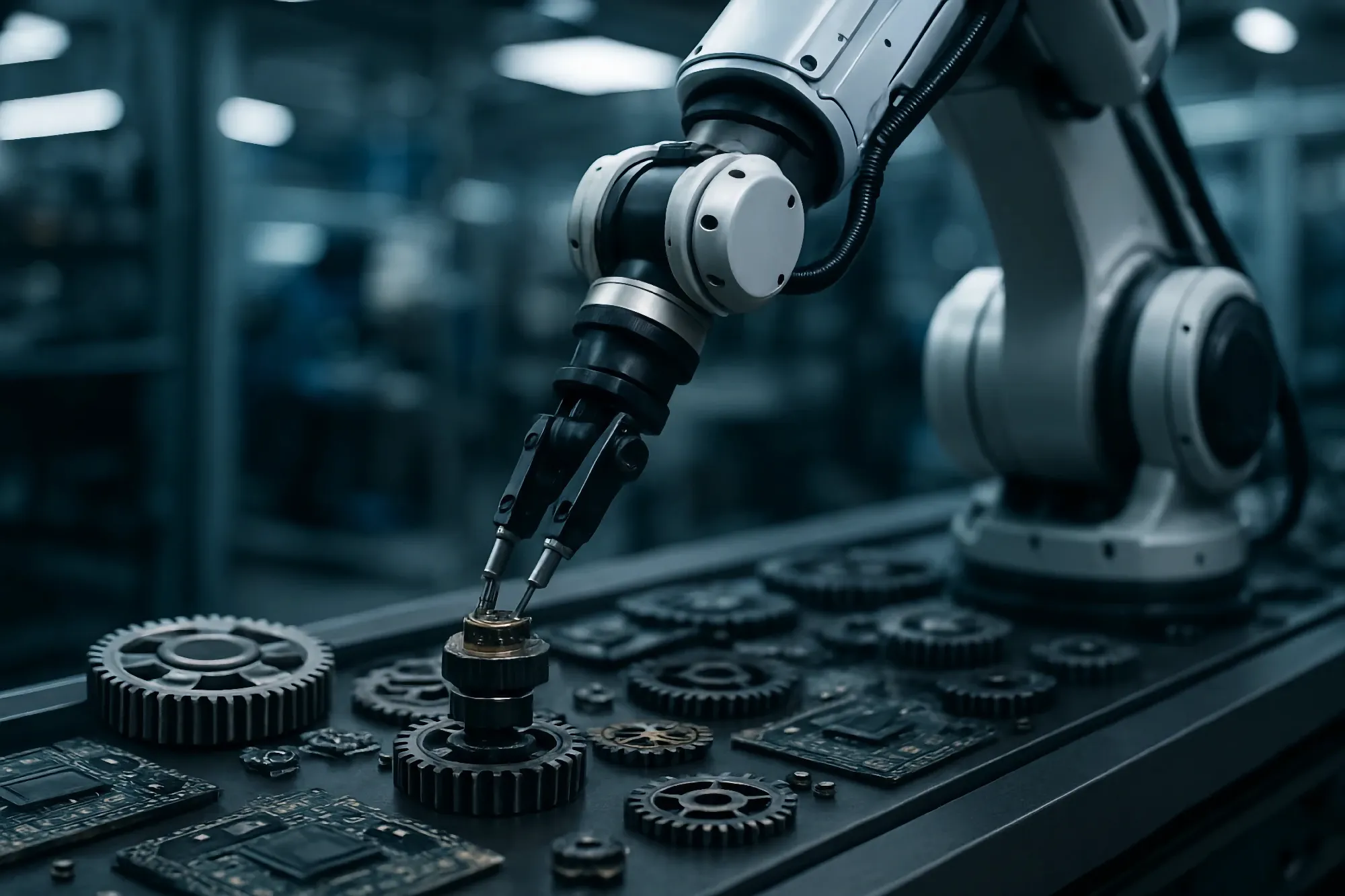 A white robotic arm uses its precise gripper to handle a small metal part, surrounded by various gears and circuit board fragments in a factory.