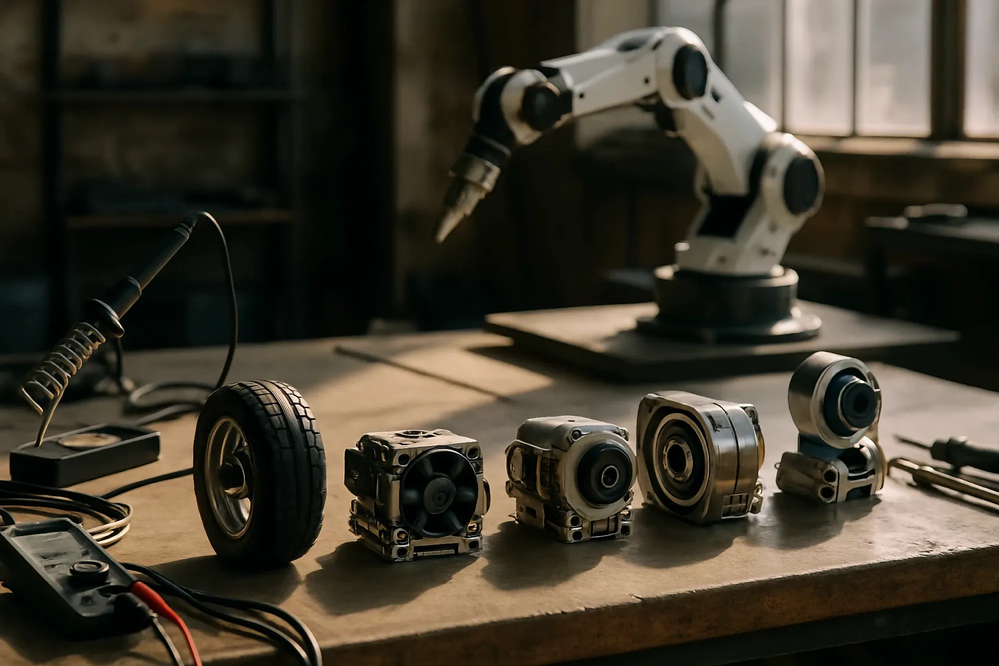 Various small components, including motors and a miniature tire, are arranged on a wooden workbench beneath a white industrial robotic arm.