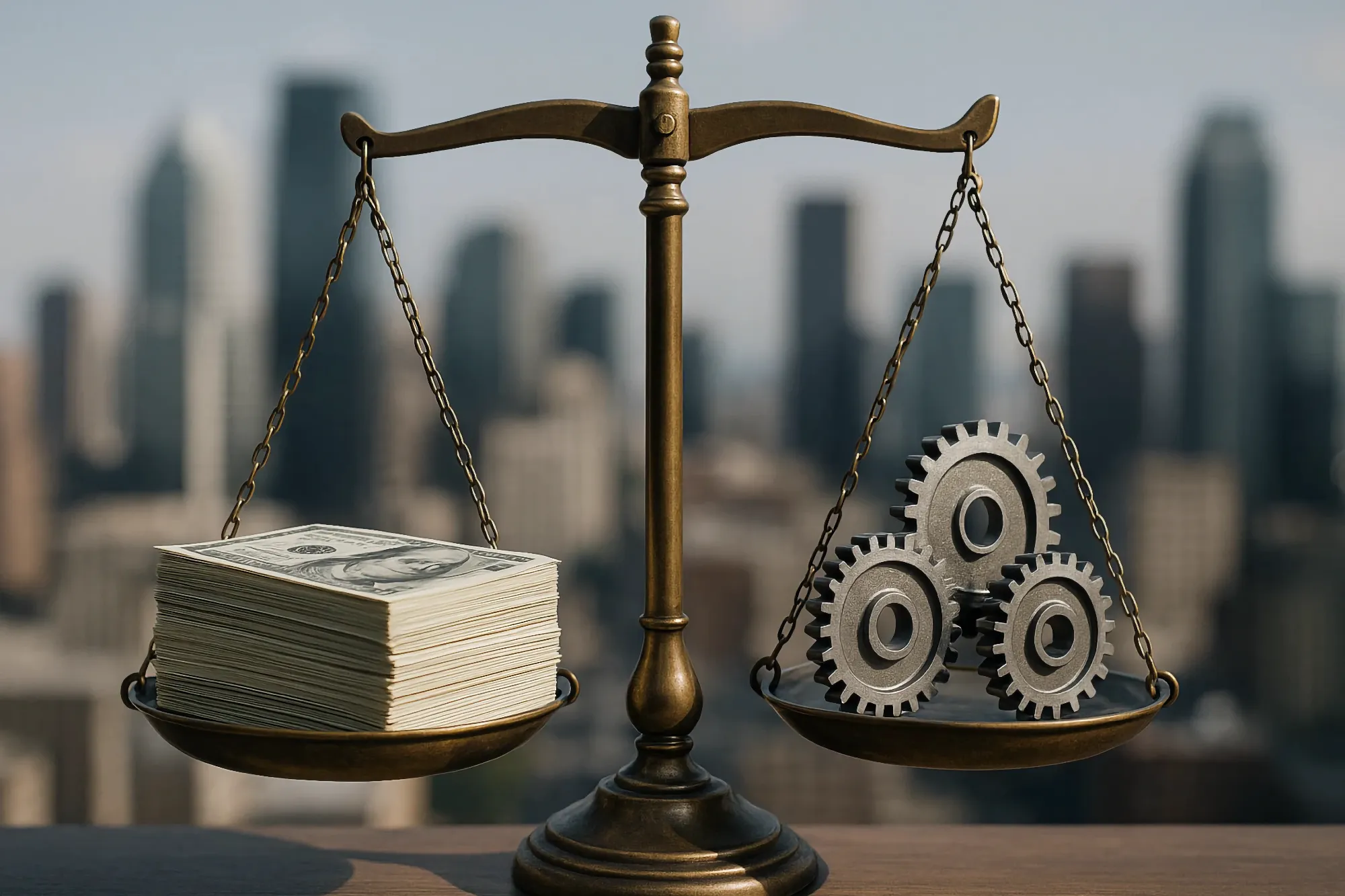 A brass balance scale is balancing a thick stack of hundred-dollar bills against three interlocking metal gears, set before a blurred cityscape.