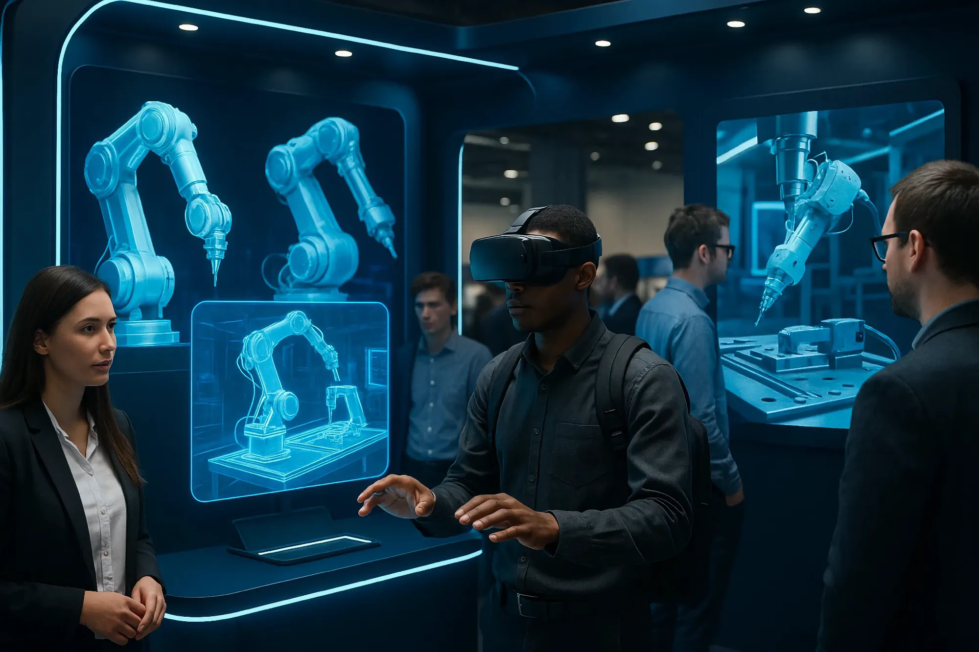 A person in a VR headset uses hand gestures to interact with glowing blue screens displaying technical diagrams of robotic arms. An attentive woman in a business suit observes the demonstration.