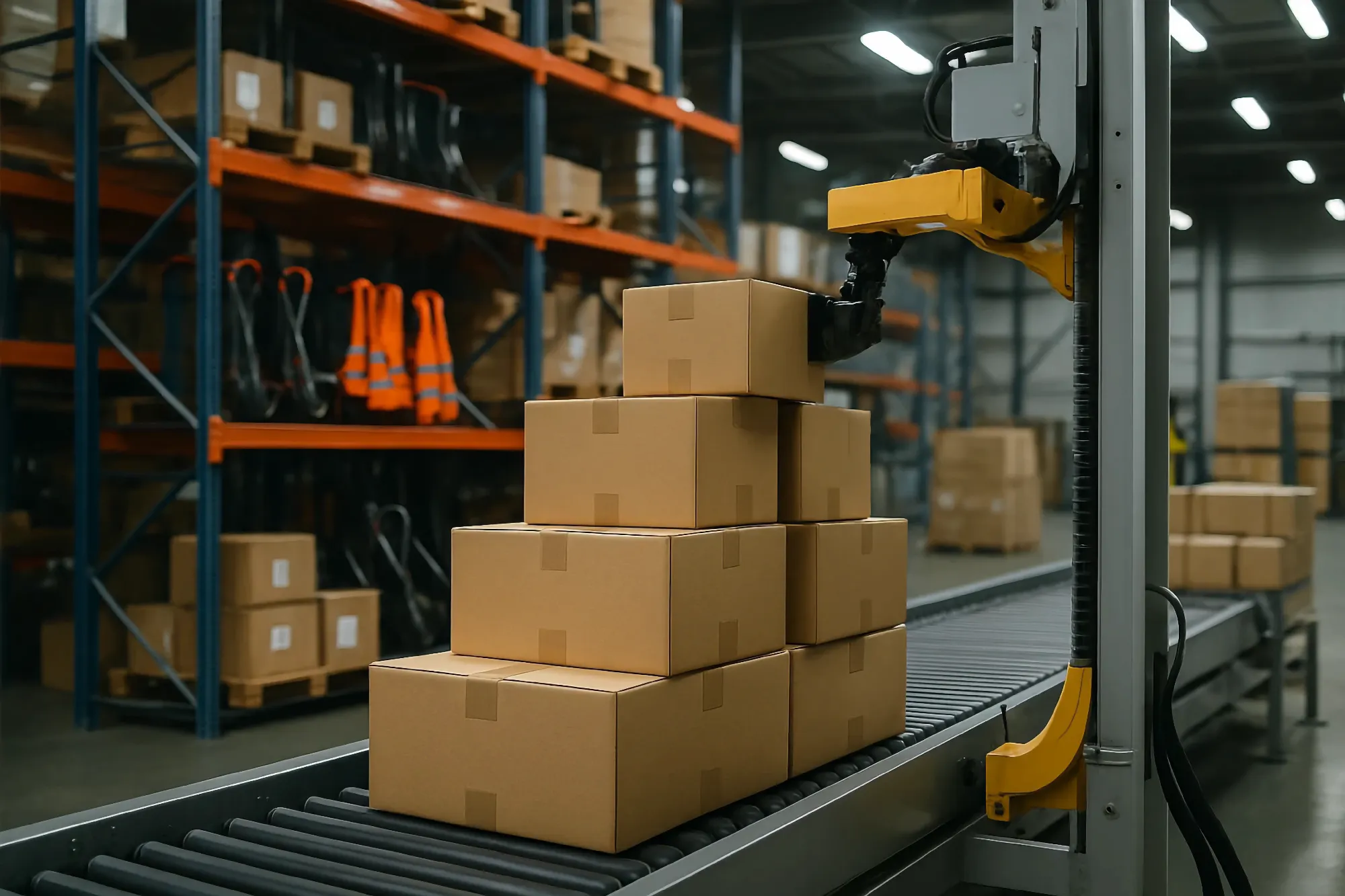 A robotic arm stands ready beside a stack of brown shipping boxes moving down a roller conveyor belt in a large, organized logistics warehouse.