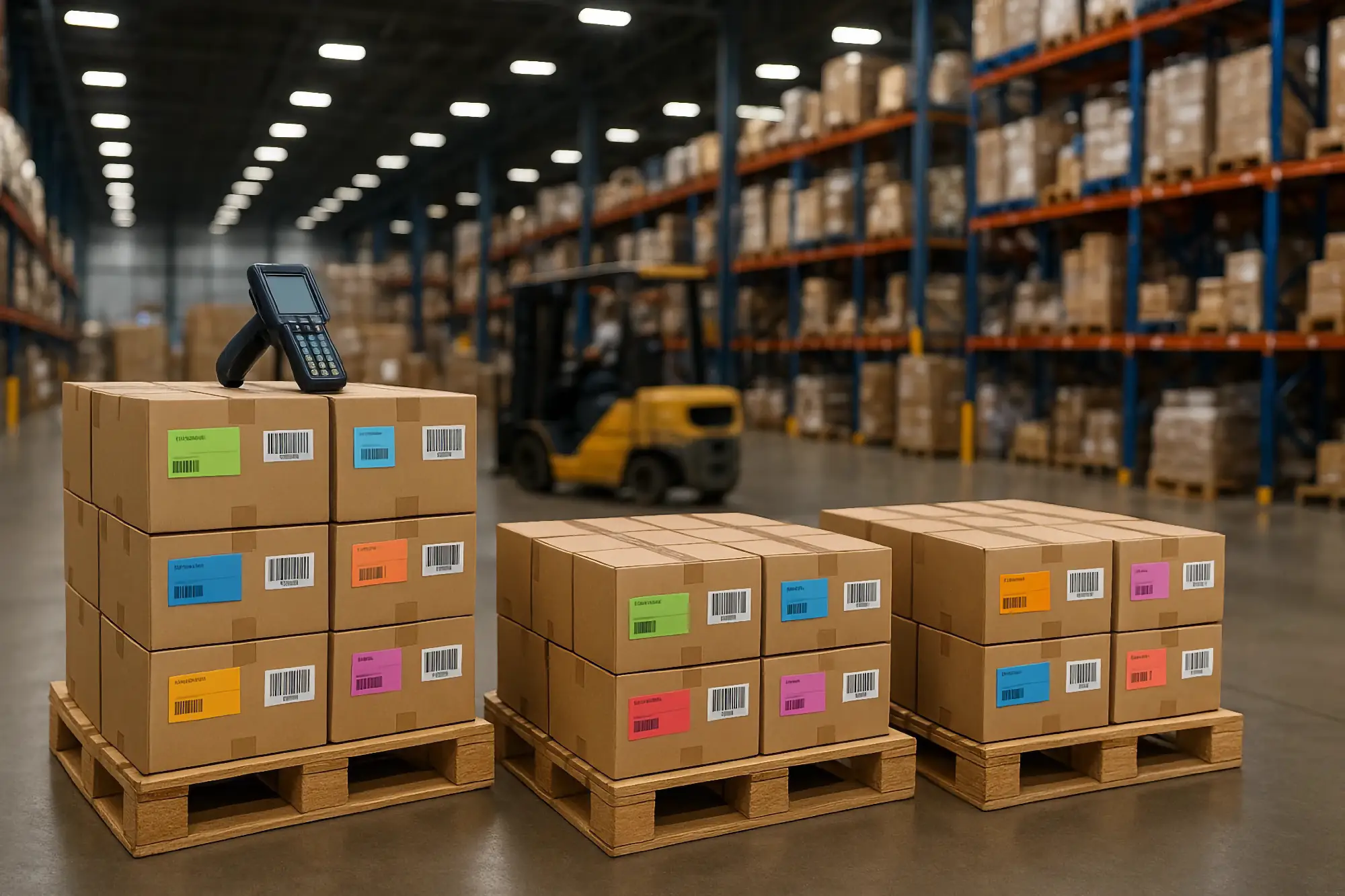 A handheld barcode scanner rests on inventory boxes stacked on wooden pallets in a warehouse aisle. A yellow forklift operates among the tall, filled storage racks in the background.