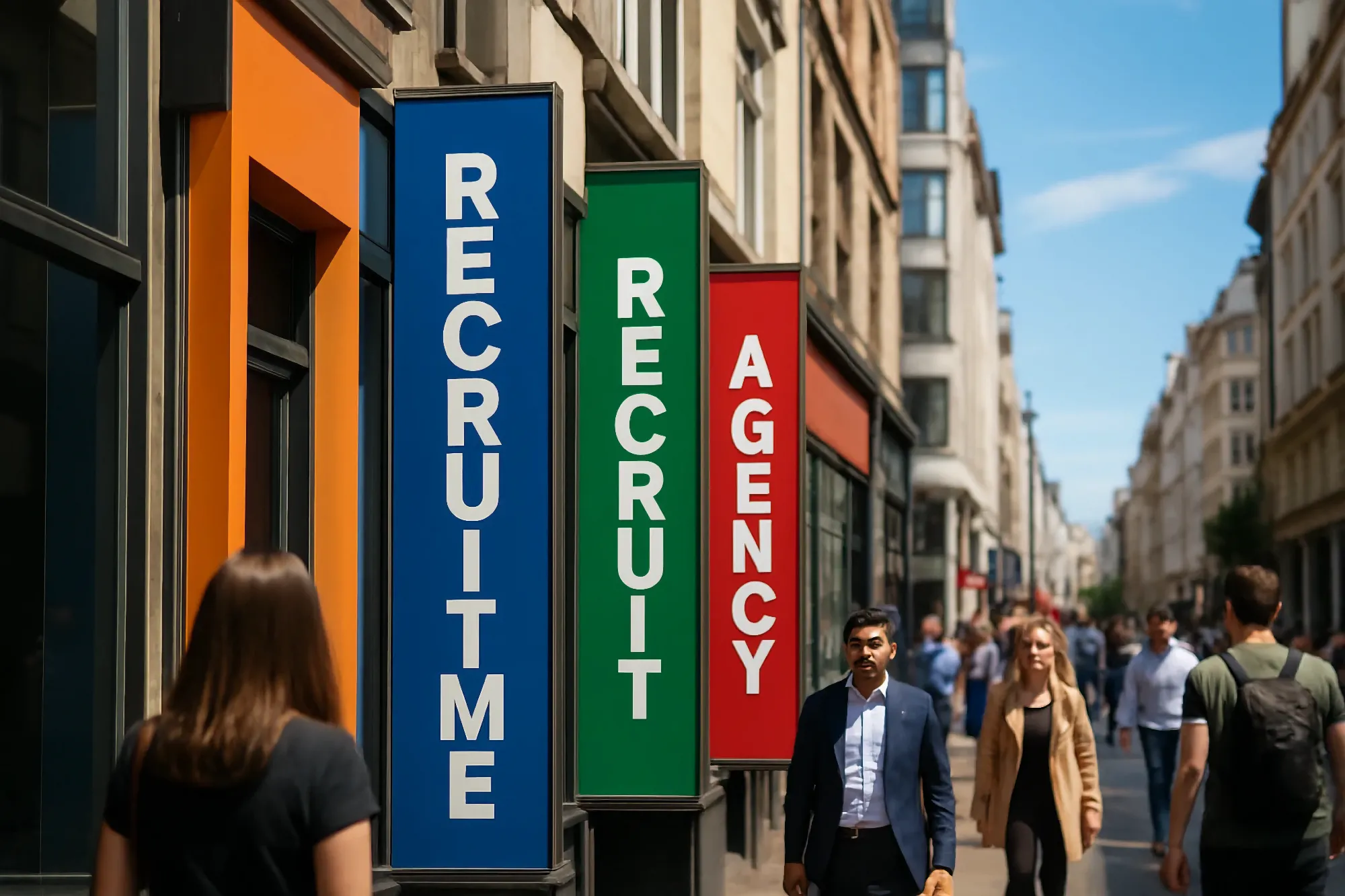 Three colorful banners—blue, green, and red—display the words "Recruitment Agency" vertically outside an orange storefront on a busy urban street. Several pedestrians, including a man in a dark suit, walk past the signs.