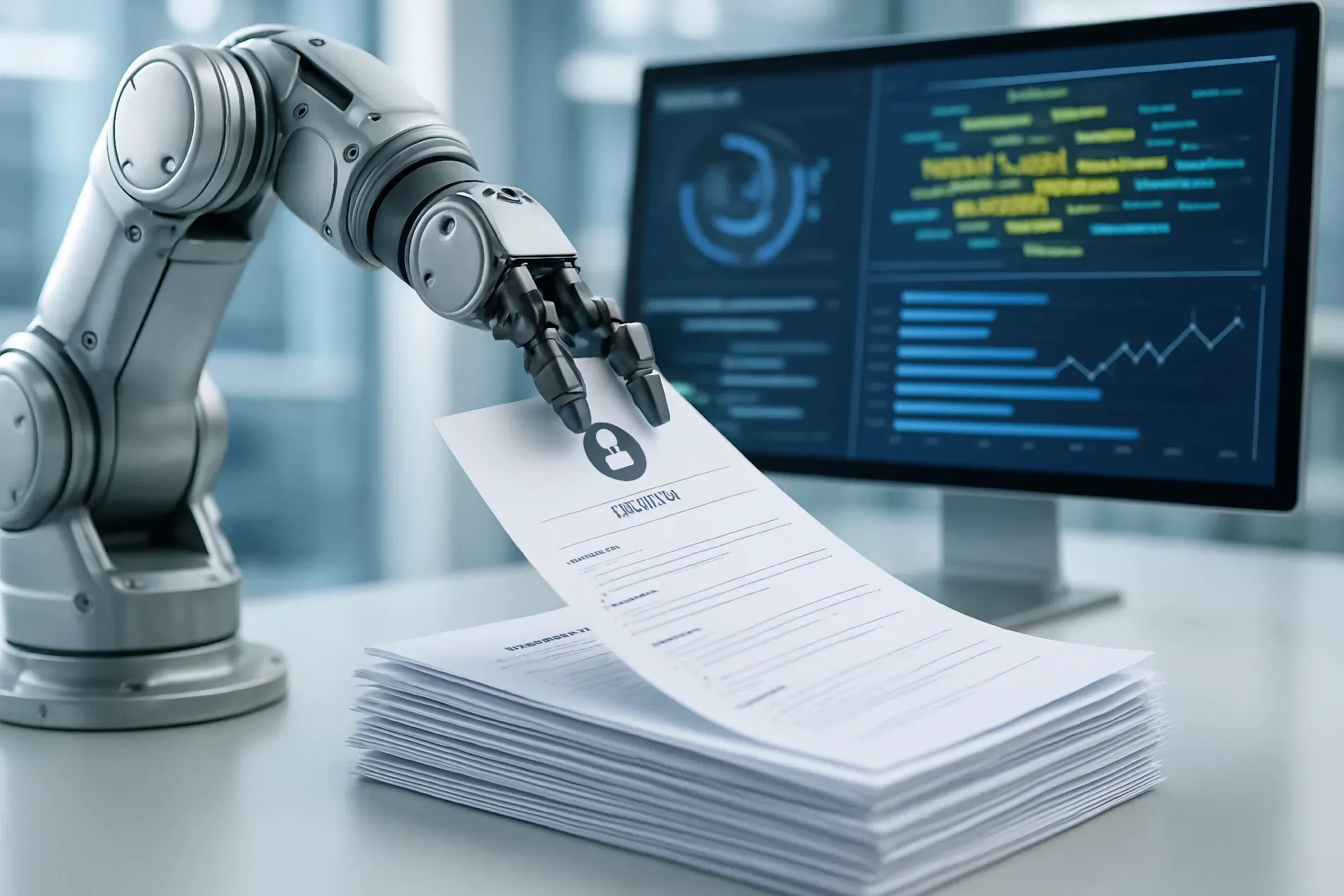A metallic robotic arm, symbolizing AI, holds a résumé from a stack of documents on a white desk. A computer monitor shows performance metrics and data visualizations.