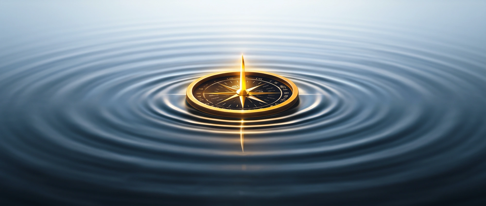 A golden compass rests in calm blue water, its central point glowing brightly and casting ripples that spread across the surface.