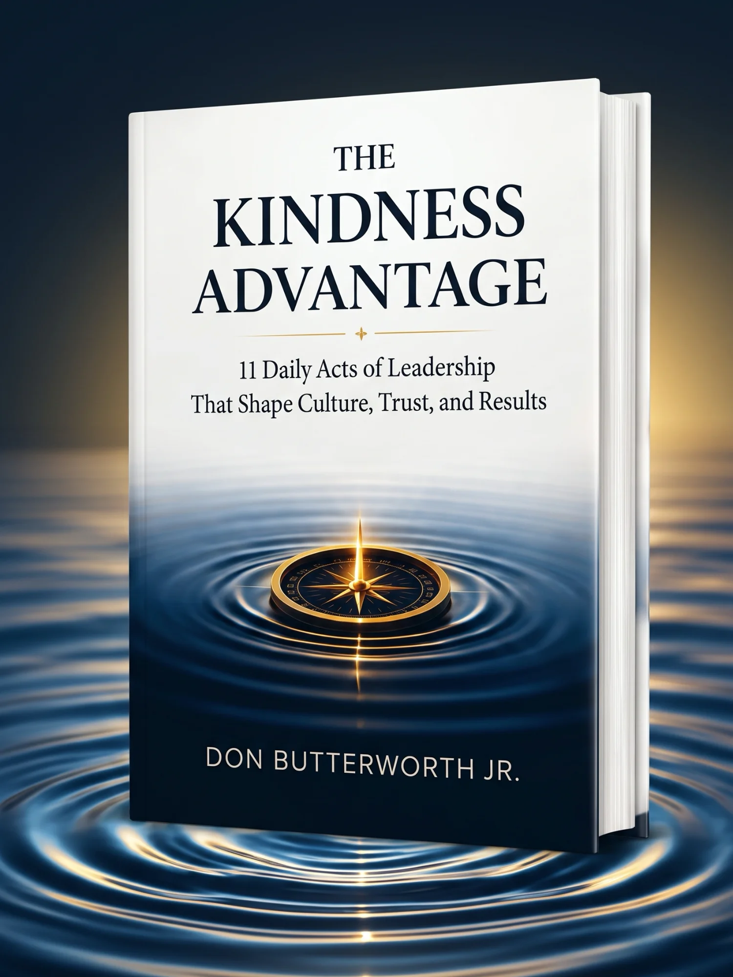 The cover of "The Kindness Advantage" book displays a glowing golden compass submerged in rippling dark blue water, symbolizing guidance.