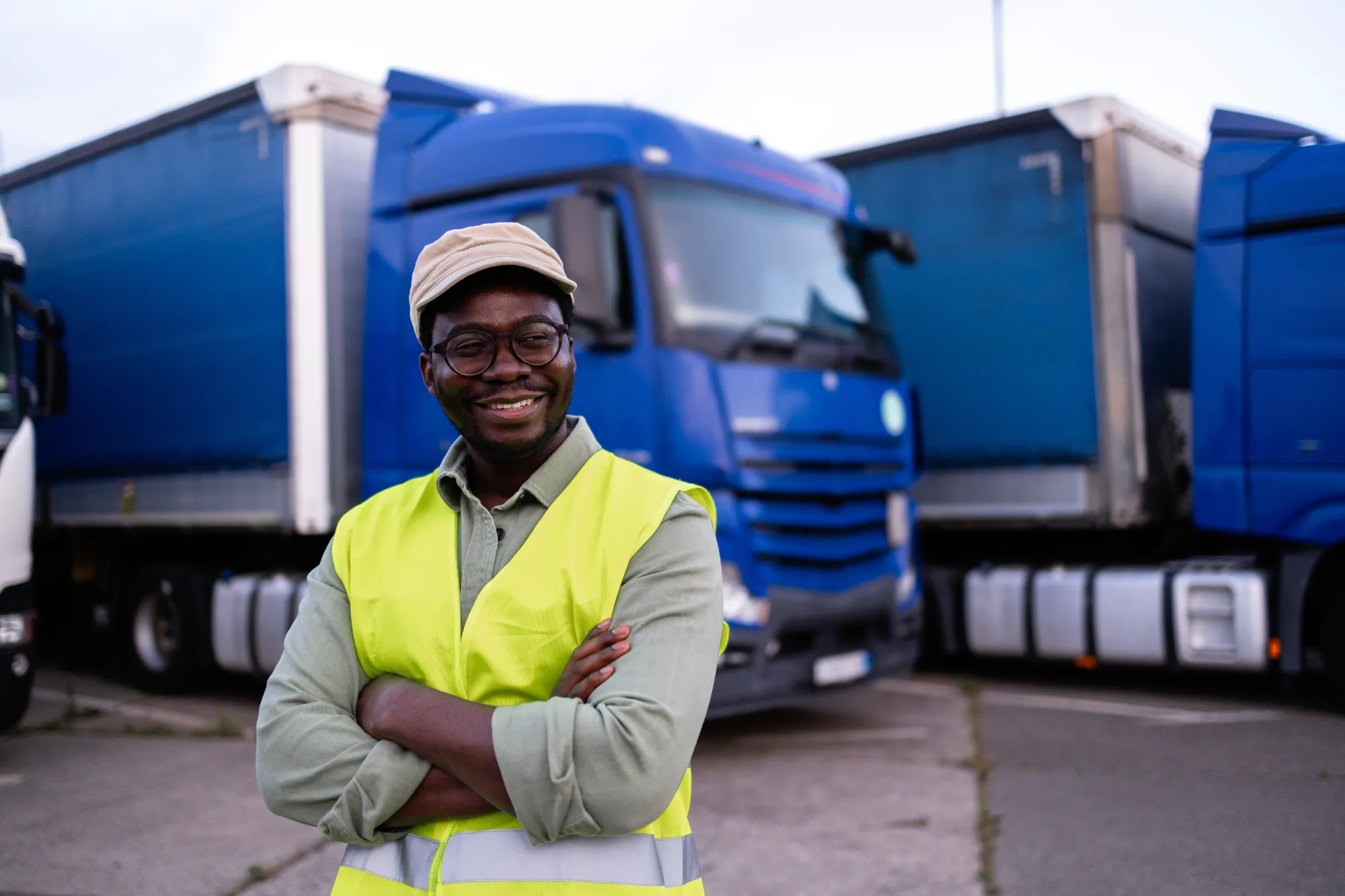 A smiling worker in a neon yellow safety vest, glasses, and a cap stands with crossed arms in front of several large blue semi-trucks.